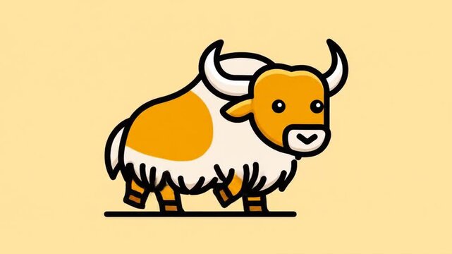 A cartoon illustration of a fluffy white yak with an orange head and spot, on a light yellow background