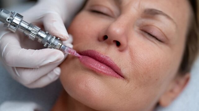 Close-up of a tattoo machine applying soft pink pigment to a woman's lips during a cosmetic procedure, with her eyes closed under focused lighting.
