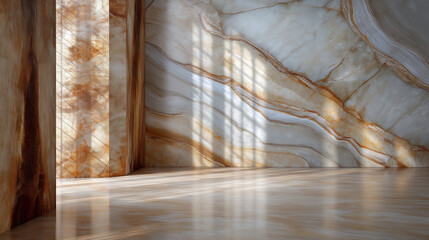 A marble wall with patterns, the luxurious scene illuminated by gentle sunlight. Marble, wall, with copy space