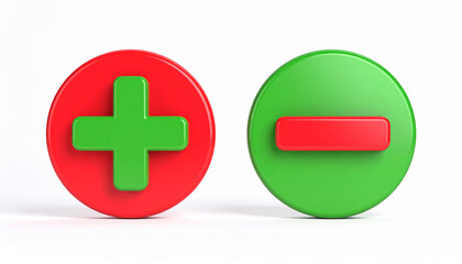 Fototapeta premium Bright green plus and red minus 3D icons. Minimalistic design. Isolated on white backdrop.