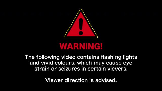Warning sign viewer direction advised, sensitive, adult content animation. The following video contains flashing lights and vivid colours