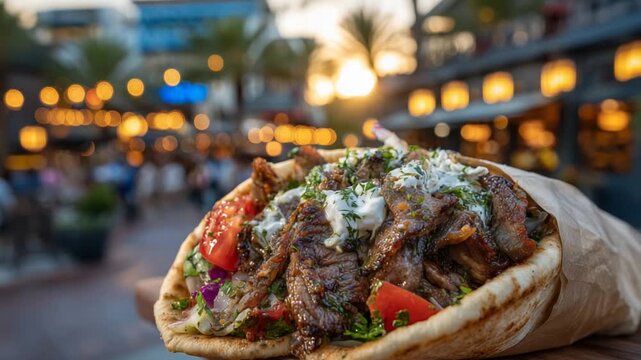 Capture the essence of street food with a close-up of a gyro brimming with sizzling lamb, fresh herbs, and tomatoes, set against a sunlit backdrop.