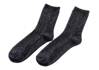 Two black socks with a shiny glittery appearance  isolated on white background ,PNG.AI Generated.