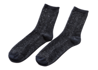 Two black socks with a shiny glittery appearance  isolated on white background ,PNG.AI Generated.