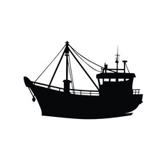 Silhouette of a fishing boat against white background in high definition, fishing boat illustration silhouette