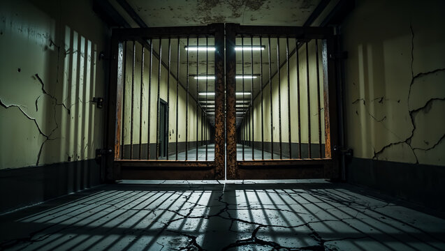 A haunting, high-contrast corridor in a decaying, abandoned building, with formidable barred gates and dramatic shadows, evoking a sense of isolation