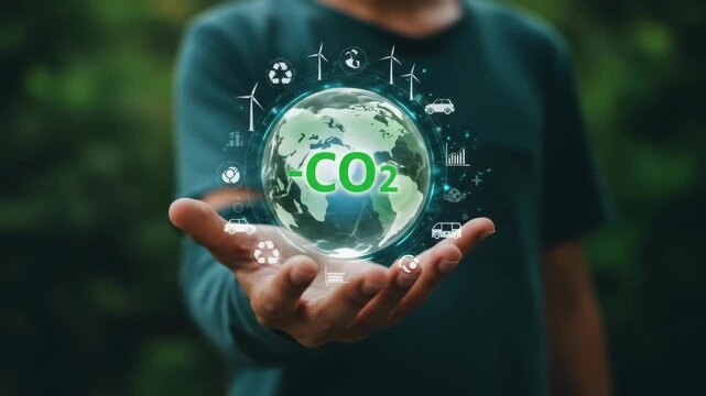 Sustainable Future: Hands Holding a Green Globe - A person's hands cradle a digital globe displaying "-CO2," surrounded by icons representing renewable energy, eco-friendly transportation, and