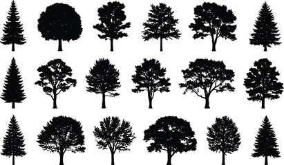 Collection of black tree silhouettes with various shapes and styles, perfect for nature designs, logos, backgrounds, illustrations, and creative projects.