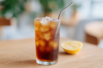 Refreshing iced beverage served in a tall glass with ice cubes and a metal straw, accompanied by a lemon slice on a wooden table, perfect for summer enjoyment