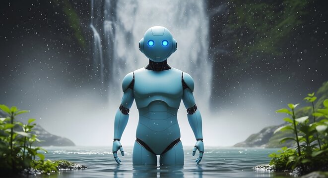 Futuristic Robot in Tranquil Waterfall Setting AI, Nature, Technology Concept