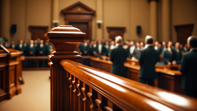 A detailed photograph capturing a courtroom scene with the railing in the foreground and a jury in the background, evoking a sense of justice and legal proceedings