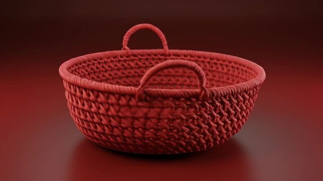 Red Woven Basket with Handles - A studio shot of a red woven basket with two handles. The basket is empty and sits on a dark red surface.  It's a deep, rich red color with a tightly woven texture.