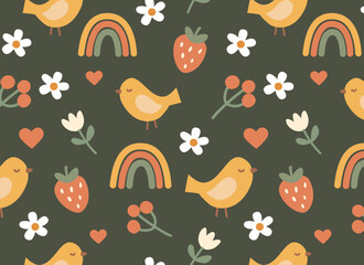 Seamless pattern with cute yellow birds, rainbows, flowers, strawberries and hearts, hand drawn flat vector style on dark background. Perfect for kids textiles, wrapping paper, decor