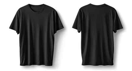 Front and back view of a plain black t-shirt