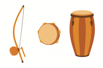 Brazilian musical instruments vector icon set with berimbau, tambourine, and drums