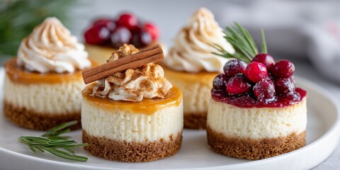 Delicious mini cheesecakes topped with caramel, whipped cream, and fresh cranberries, beautifully arranged on a white plate with festive garnishes for a delightful dessert experience