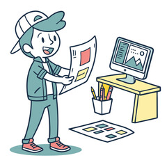 Young boy graphic designer working with computer and sketches illustration