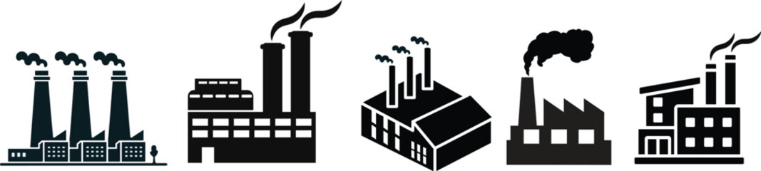 Industrial building factory icon set.Factory and industrial vector line icon.Industry power, chemical manufacturing building warehouse nuclear energy plant.Industrial building, factory and power plant