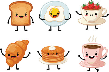 Cute kawaii breakfast food characters, toast, fried egg on plate, strawberry tea cup, croissant, pancakes, pink coffee cup mascot