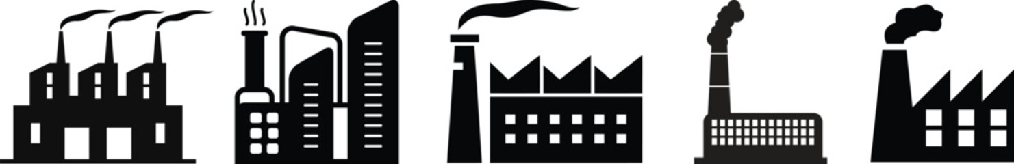 Industrial building factory icon set.Factory and industrial vector line icon.Industry power, chemical manufacturing building warehouse nuclear energy plant.Industrial building, factory and power plant