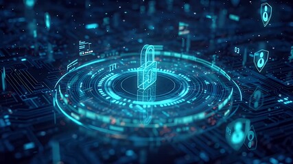 Cyber security padlock animation digital lock data protection network encryption futuristic interface. Futuristic cyber security animation padlock digital lock network encryption technology. - Powered by Adobe