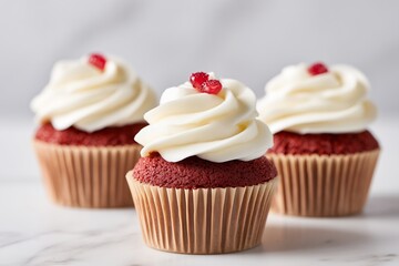 Three delicious red velvet cupcakes topped with creamy frosting and garnished with red sprinkles, beautifully arranged on a marble surface, showcasing tempting dessert appeal