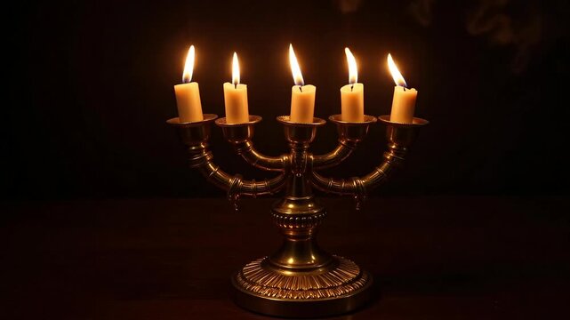 Elegant brass candelabrum with five lit candles glowing against dark background, ideal for vintage, decor and ambiance themes