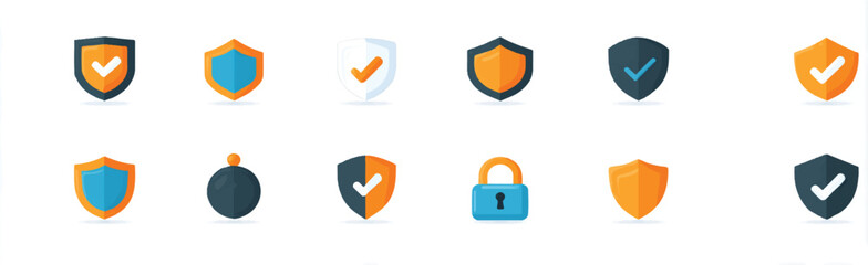 Collection of Security Shield Icons for Protection and Safety Digital Security Systems Cybersecurity and Data Privacy Solutions Flat Vector Illustration