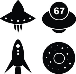 Four Black Fill Vector Designs of Spacecraft, Rocket, Planets, and UFO Elements Set