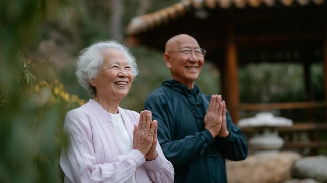 Senior Asian couple practices partner yoga in a serene park setting with a stone lantern and wooden gazebo, surrounded by a gentle breeze.