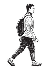 One young modern citizen in eyeglasses, student with backpack, smartphone walking outdoors, side view, realistic sketch, vector hand drawn illustration on white background