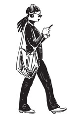 One young modern city girl in sunglasses, headphones, using smartphone, walking outdoors, side view, realistic sketch, vector hand drawn illustration on white background