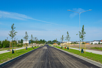 Fototapeta premium Newly paved urban road with young trees, sidewalks, and streetlights in modern infrastructure project