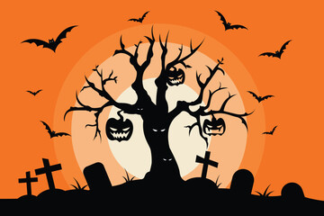Spooky Halloween Scene with Jack o Lantern Tree and Bats