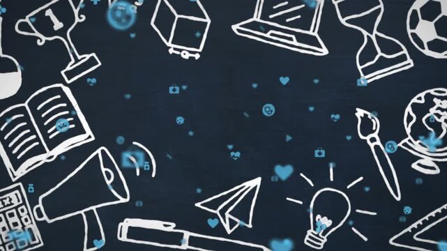 On start white doodle icons sliding forming border, blue icons drifting pulsing to highlight center