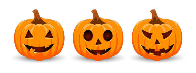 Set carved Halloween pumpkins with different scary faces isolated on white background. The main symbol of the Happy Halloween holiday. Vector illustration.