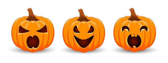 Set carved Halloween pumpkins with different scary faces isolated on white background. The main symbol of the Happy Halloween holiday. Vector illustration.