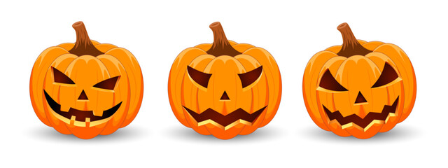 Set carved Halloween pumpkins with different scary faces isolated on white background. The main symbol of the Happy Halloween holiday. Vector illustration.