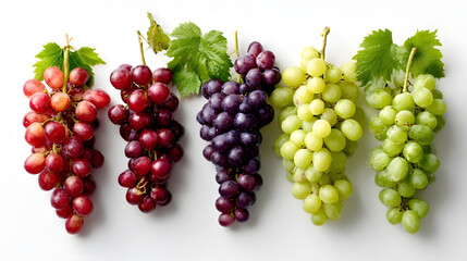 Variety of fresh grapes red green purple healthy organic fruit clusters isolated on studio shot