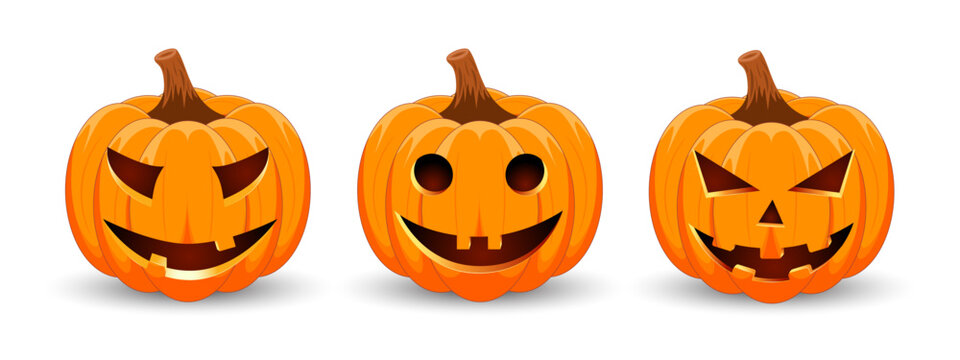 Set carved Halloween pumpkins with different scary faces isolated on white background. The main symbol of the Happy Halloween holiday. Vector illustration.