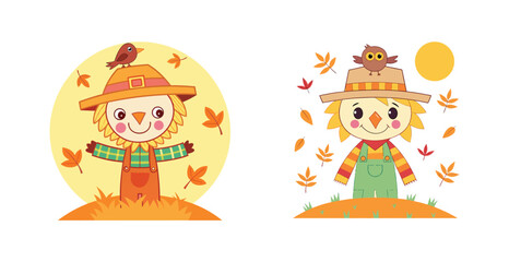 Cute Scarecrow Autumn Harvest Illustration Set with Falling Leaves, Bird, and Owl for Fall Season
