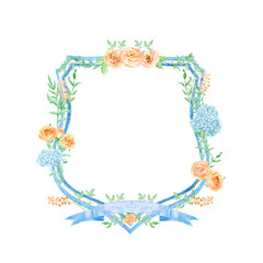A delicate hand drawn watercolor floral crest design peach roses, blue hydrangeas, green foliage, and a soft blue ribbon frame. perfect for wedding stationery design.