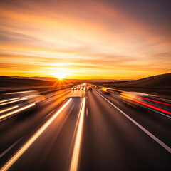 Obraz premium car on the road. driving on the highway at sunset. Sunset over a bridge highway. warm golden tones reflecting.
