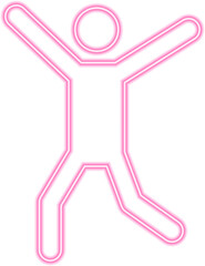Neon outline pictogram of a person with both arms lifted high in a joyful posture.