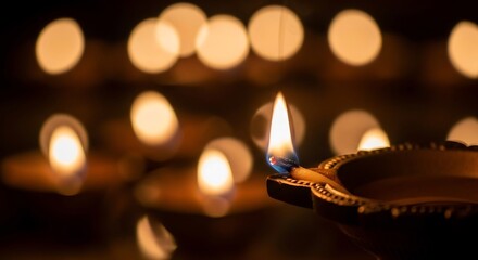 Diwali celebration with lit diya lamps. Ideal for festive greetings, spiritual designs, or cultural event promotions. Warm glow for peace, hope, and tradition visuals.