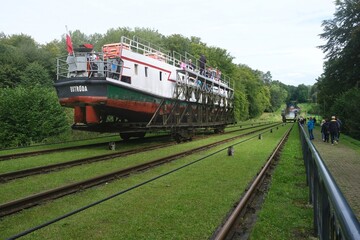 Buczyniec, Poland -  Branched navigation system of Elblag Canal. Ships and yachts cross slipways on...