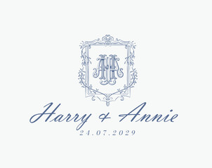 Wedding logo monogram crest vector design royal style blue color illustration monogram crest
