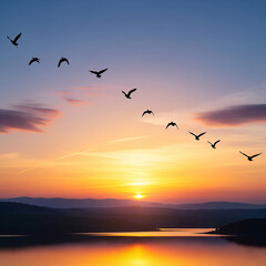 sunset over the sea. Mystical sunset over an ocean, birds disappearing into the sky, warm brown and gold colors.