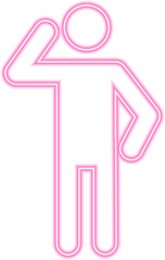 Neon outline pictogram of a person standing with one hand raised to the forehead in a salute.