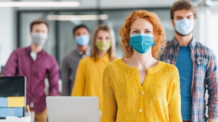 young people with face masks back at work or school in office after lockdown no logos no brands ar 169